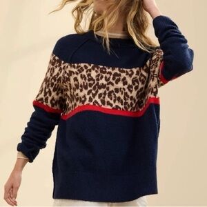 Aerie Navy Red And Leopard Print Oversized Soft Sweater Size Medium super cute